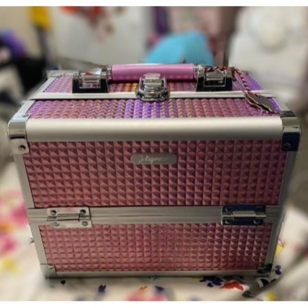 New Makeup Train Case Cosmetic Box Portable Makeup Case Organizer 2 Trays.